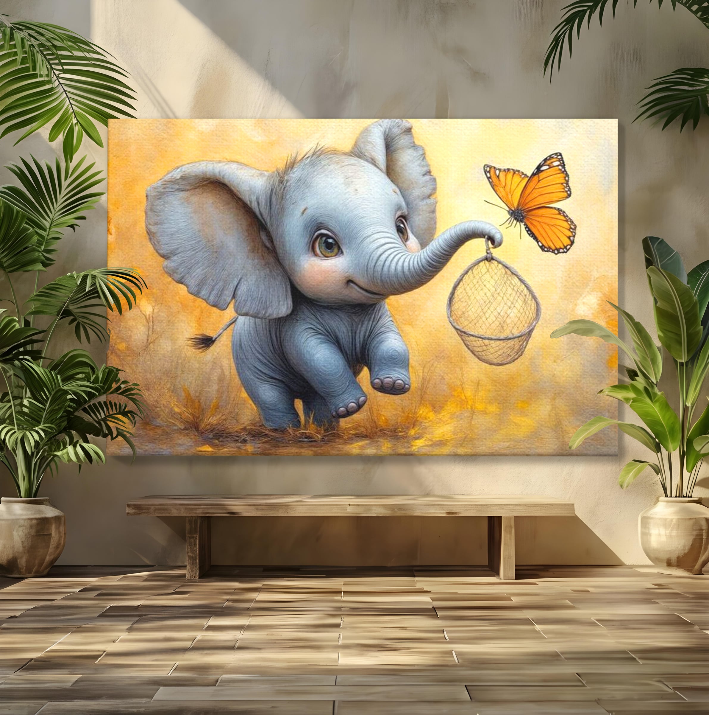 Tablou canvas cu ilustratie cu elefantel si fluture, fara rama, pe sasiu de lemn